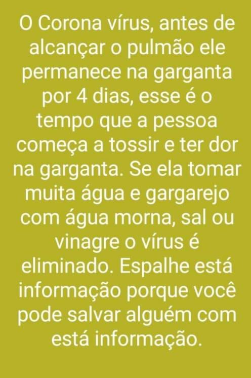 Coronavírus NÃO permanece na garganta por 4 dias antes de alcançar pulmão